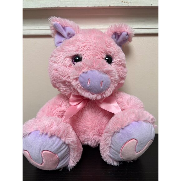 Pink Purple Plush Pig Stuffed Animal Kellytoy - 12" Seated 2017 With Pink Bow - Picture 2 of 8
